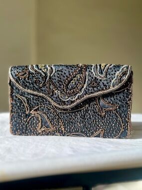 VINTAGE Beaded Paisley Envelope Clutch Evening Bag Black Bronze